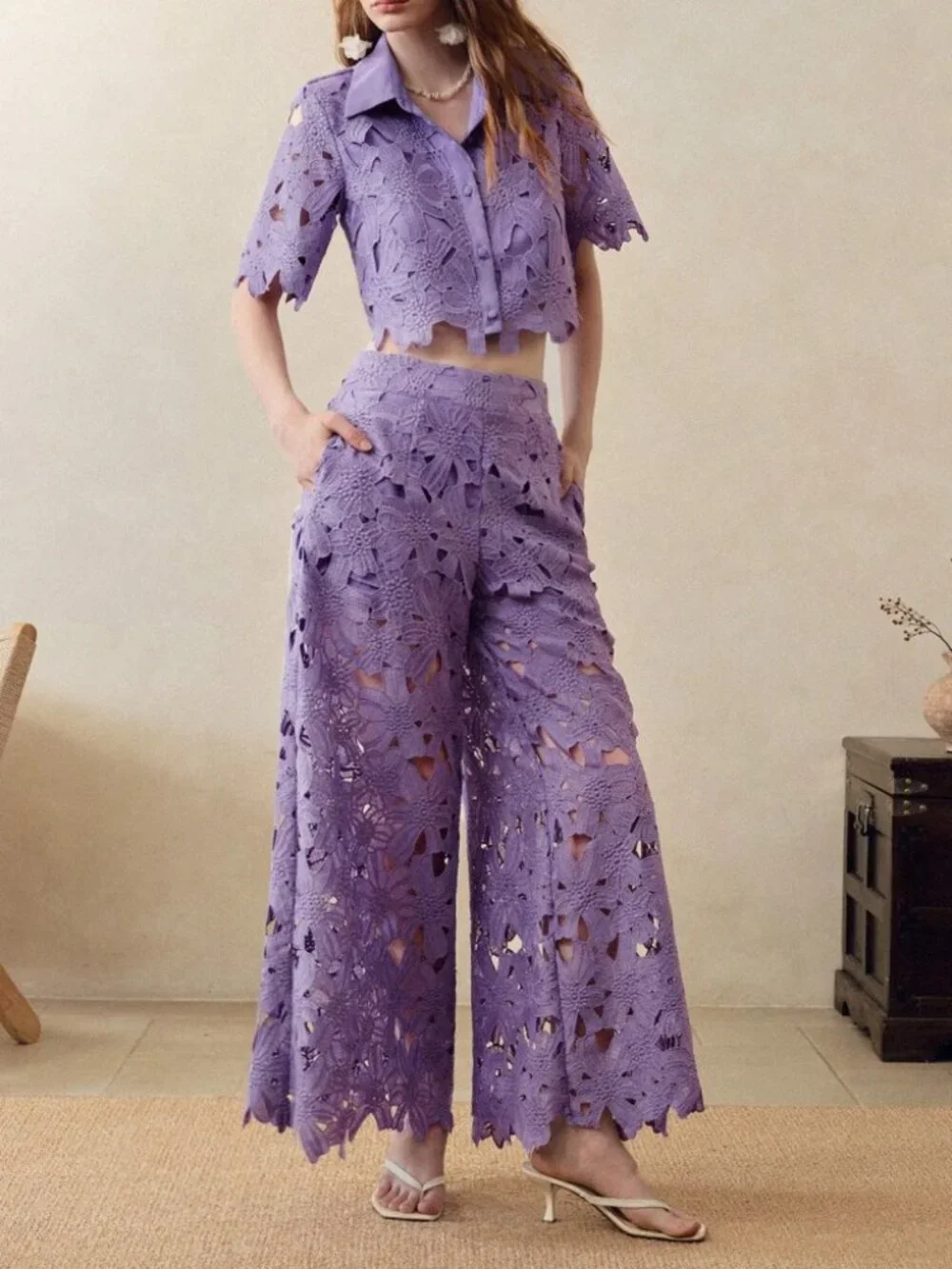Lilac Floral Lace Crop Top & Wide Leg Pants Set